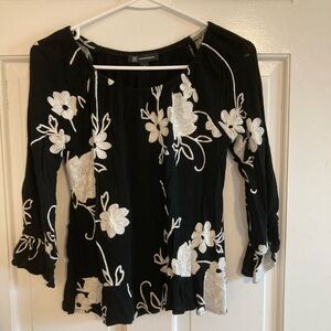 INC International Concepts Black and White Ruffled Embellished Blouse